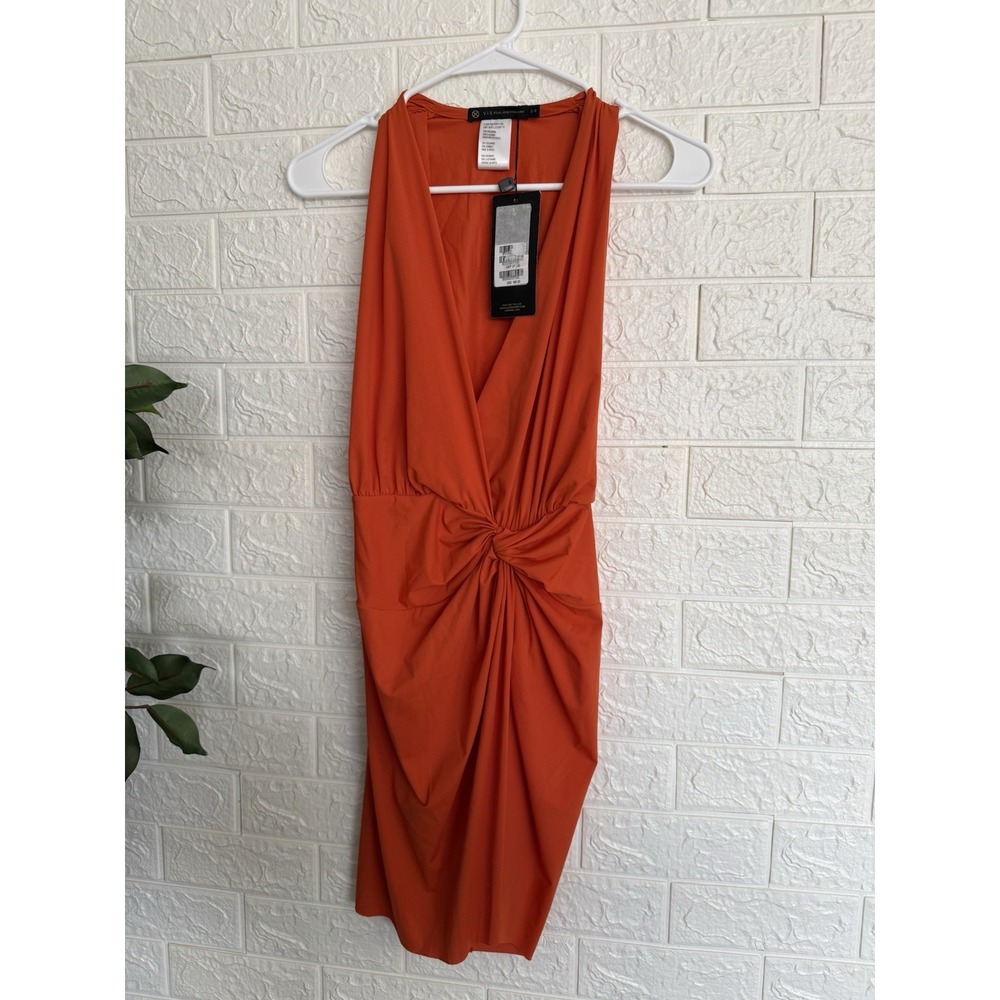 Vix Paula Hermanny Orange Knot Front V-Neck Mini Dress Sleeveless Size S